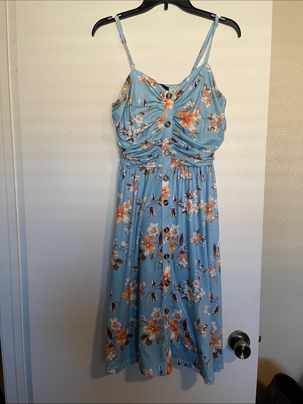 Amazon Light Blue Floral Midi Dress with Orange and White Flowers